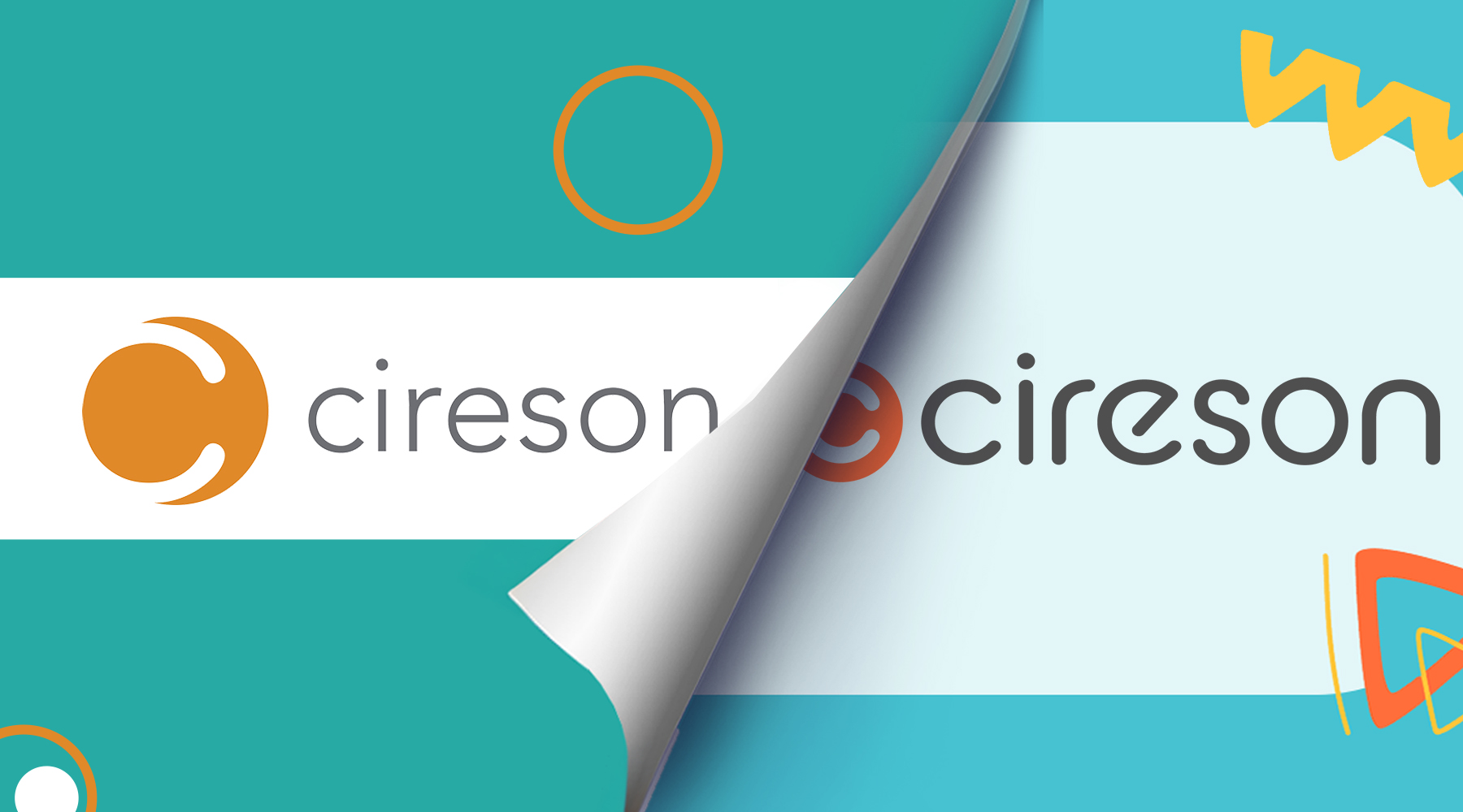 a before and after graphic of the Cireson rebrand with a page peeling back effect