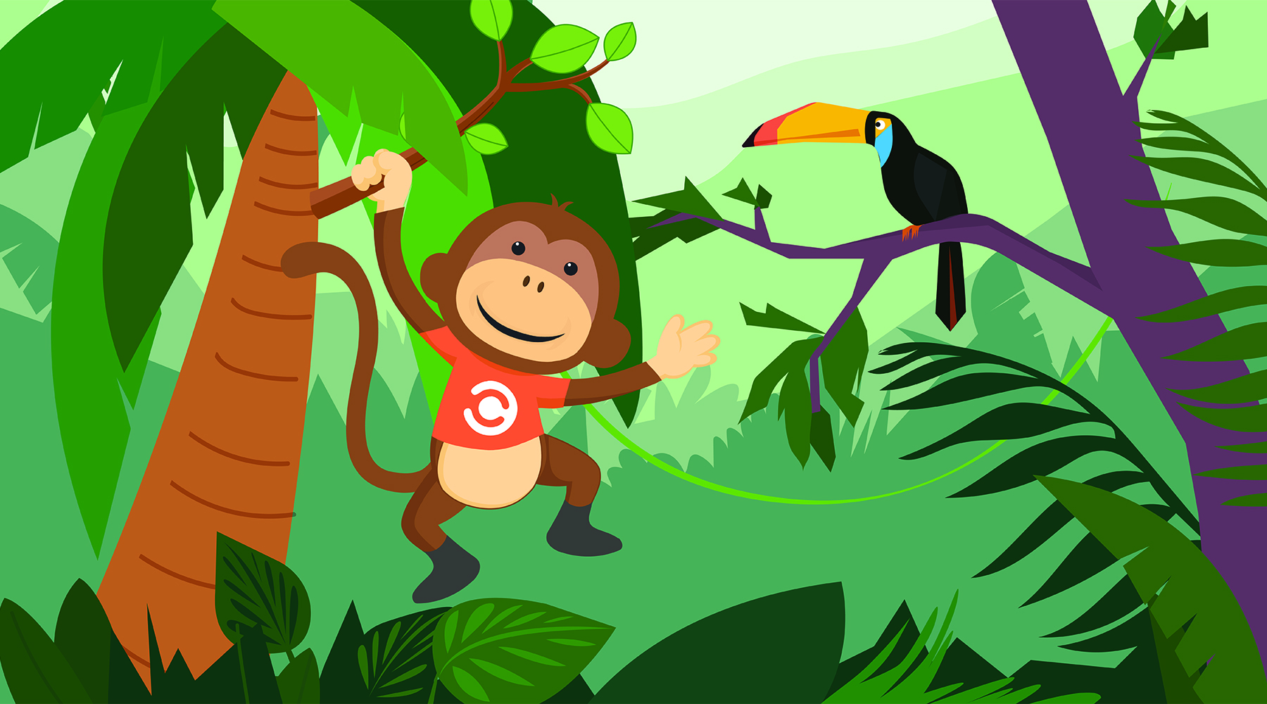 IT Monkey wearing an orange shirt with the Cireson ogo on it and hanging from a tree in the jungle next to a Toucan bird