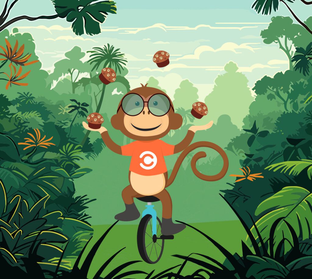 Guess Who’s Back? IT Monkey Swings into Action (Again!) 1 Cireson IT Monkey wearing sunglasses and juggling banana muffins on a unicycle with jungle background