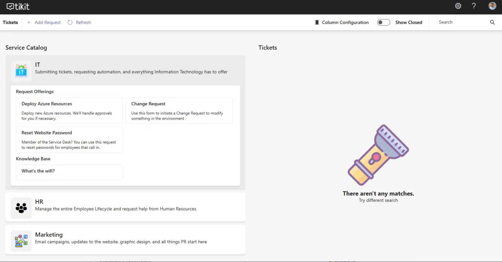 Tikits new visual service catalog portal view
