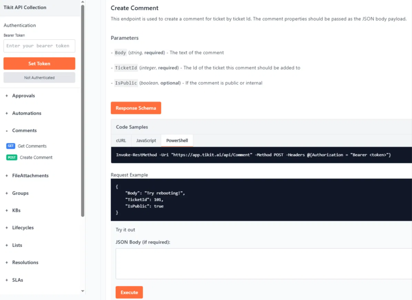 The New Site for Tikit API Documentation 3 New Tikit API add comment to ticket