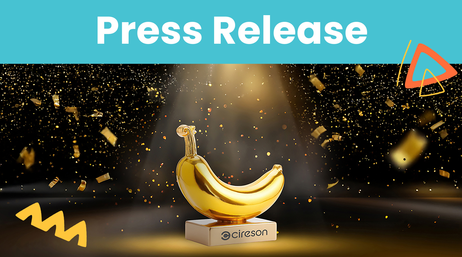 golden confetti rain on festive stage with light beam highlighting a golden banana award