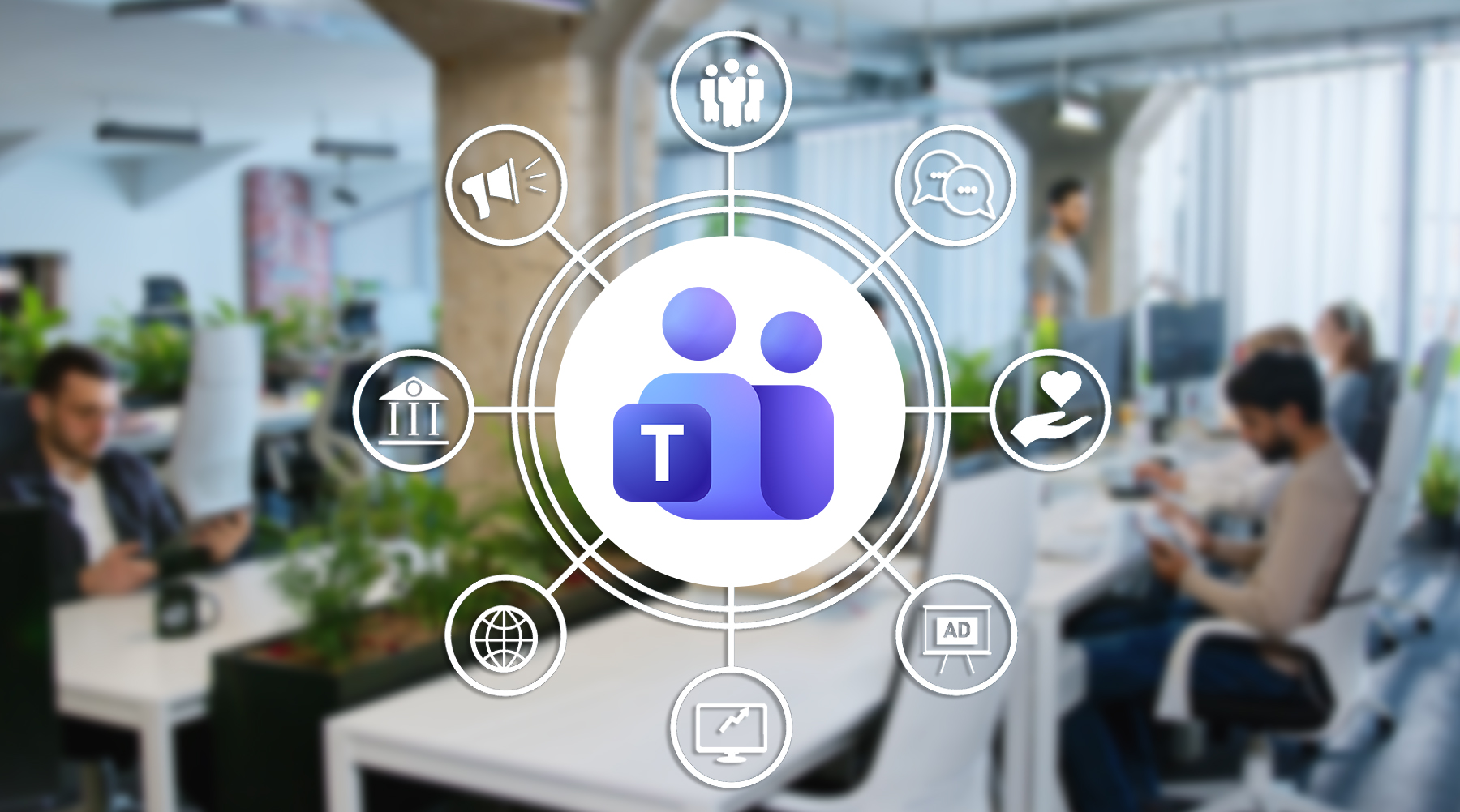 Microsoft Teams logo in the center of other icons representing a teams helpdesk with team of people in office looking at devices