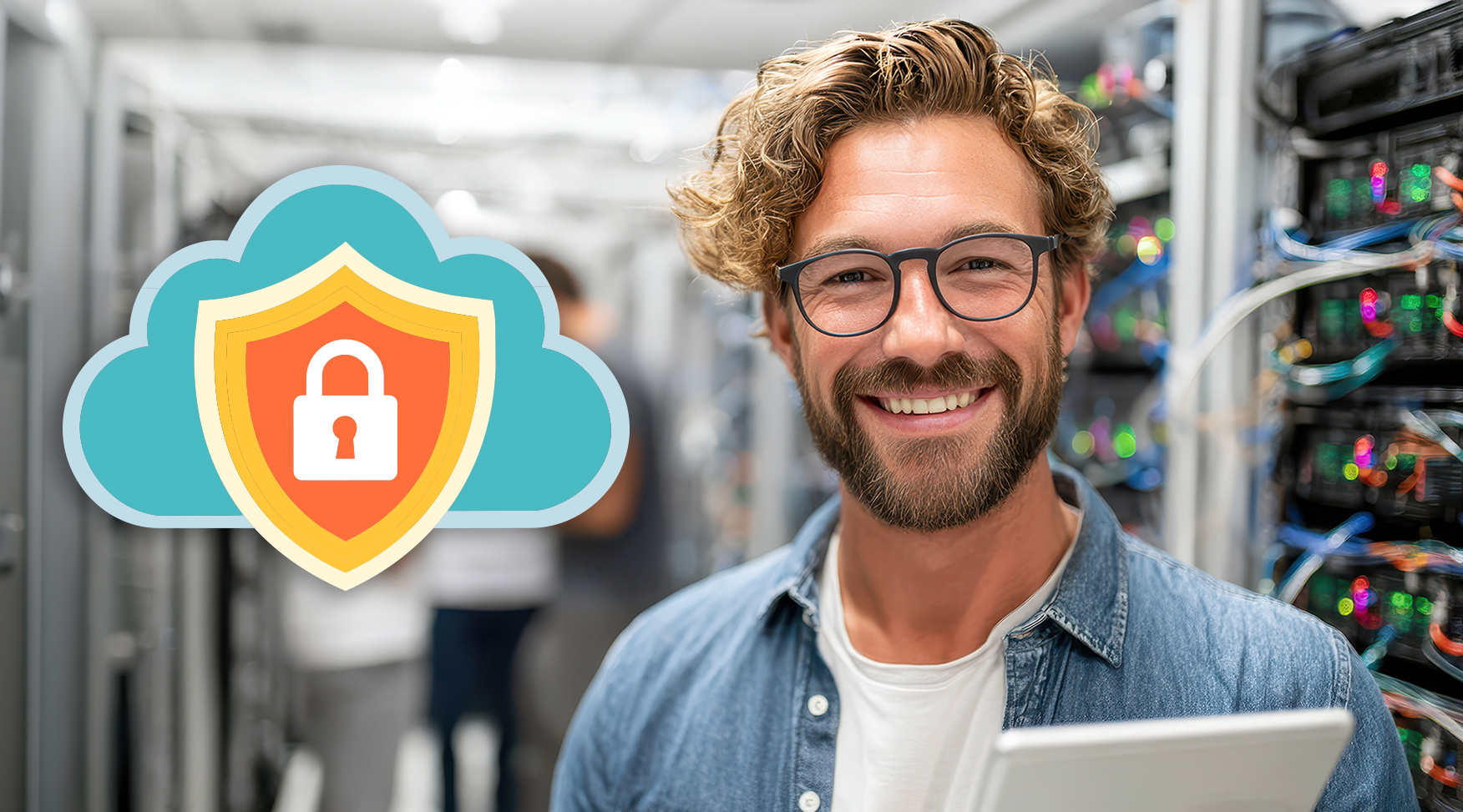 IT professional holding tablet in front of servers to ensure cloud security