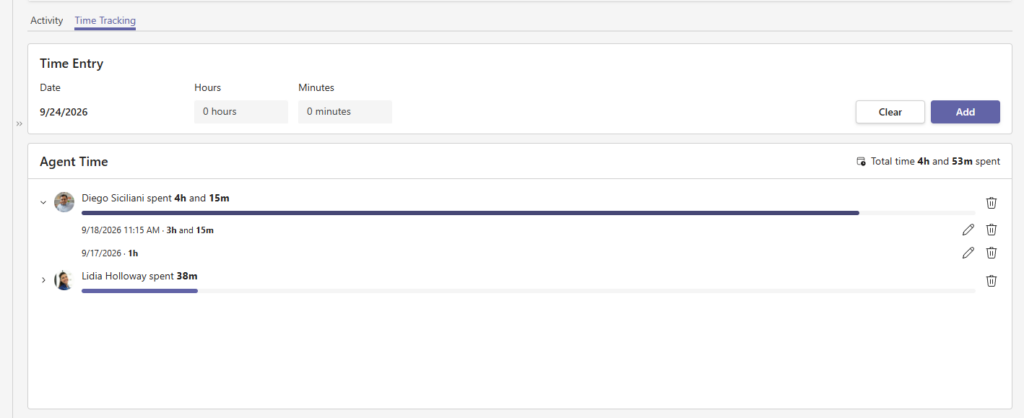 Agent time entries and total time recorded on a Tikit ticket