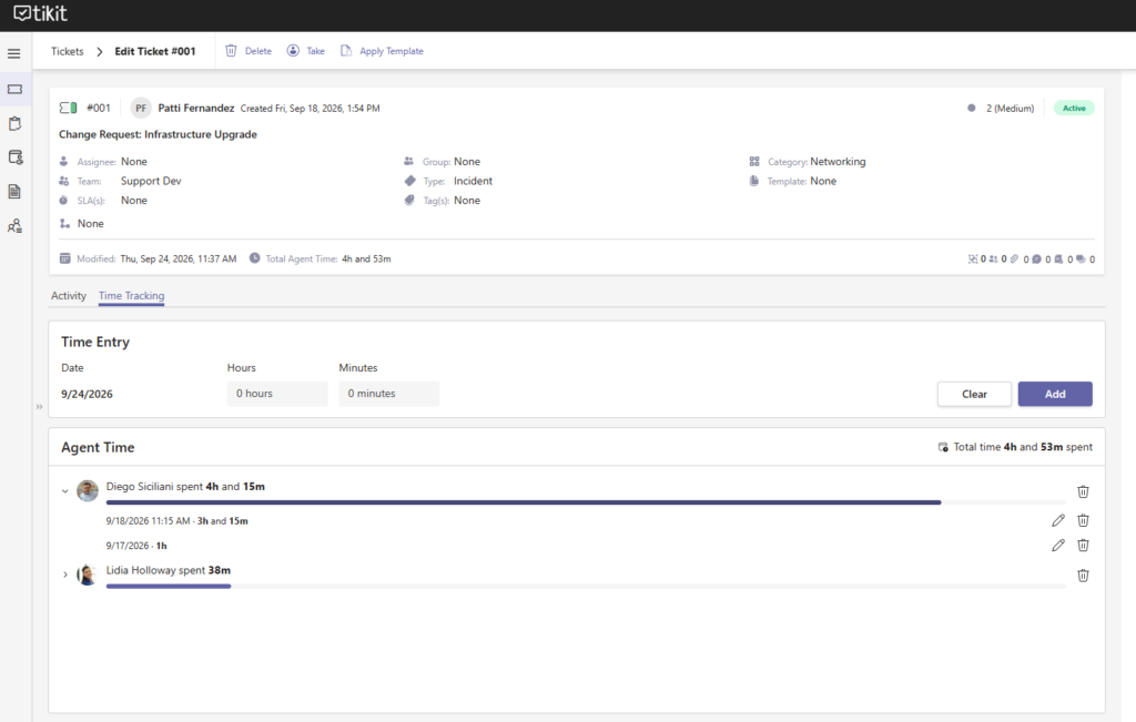Tikit ticket with Time Tracking tab and agent time entries